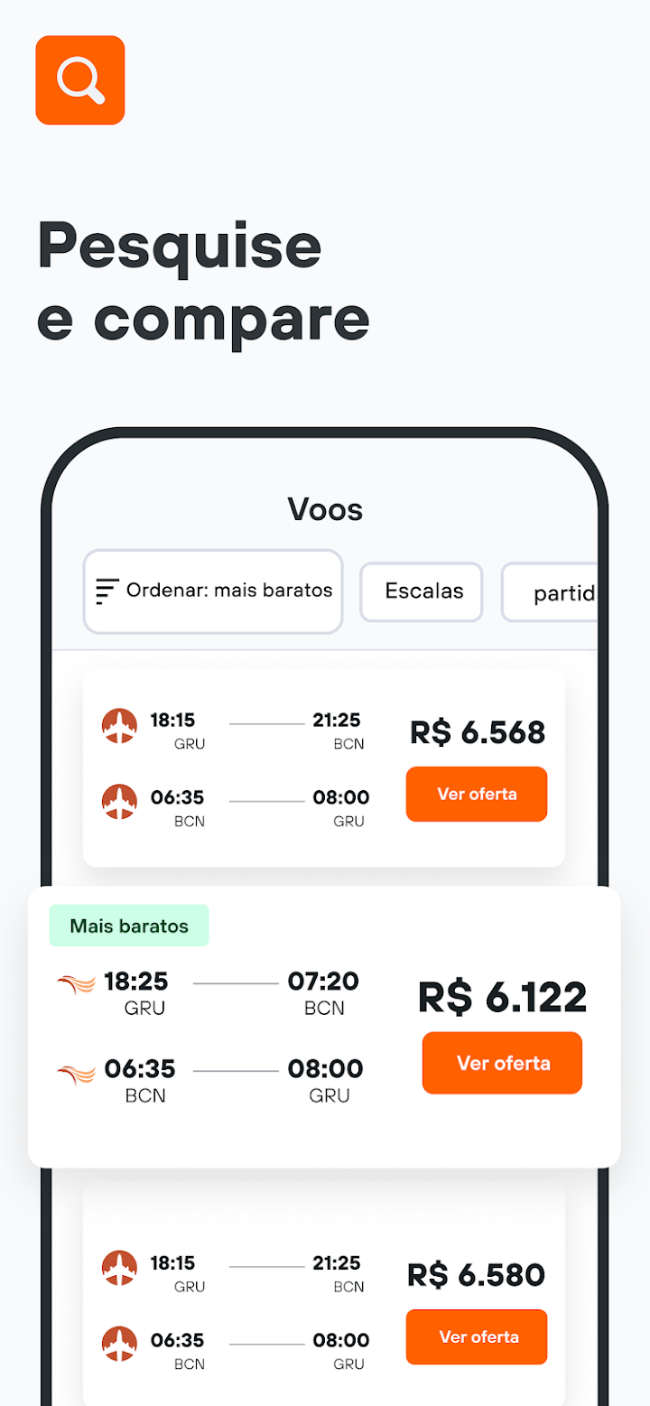 Resultados de voos ordenados pelo mais barato no KAYAK