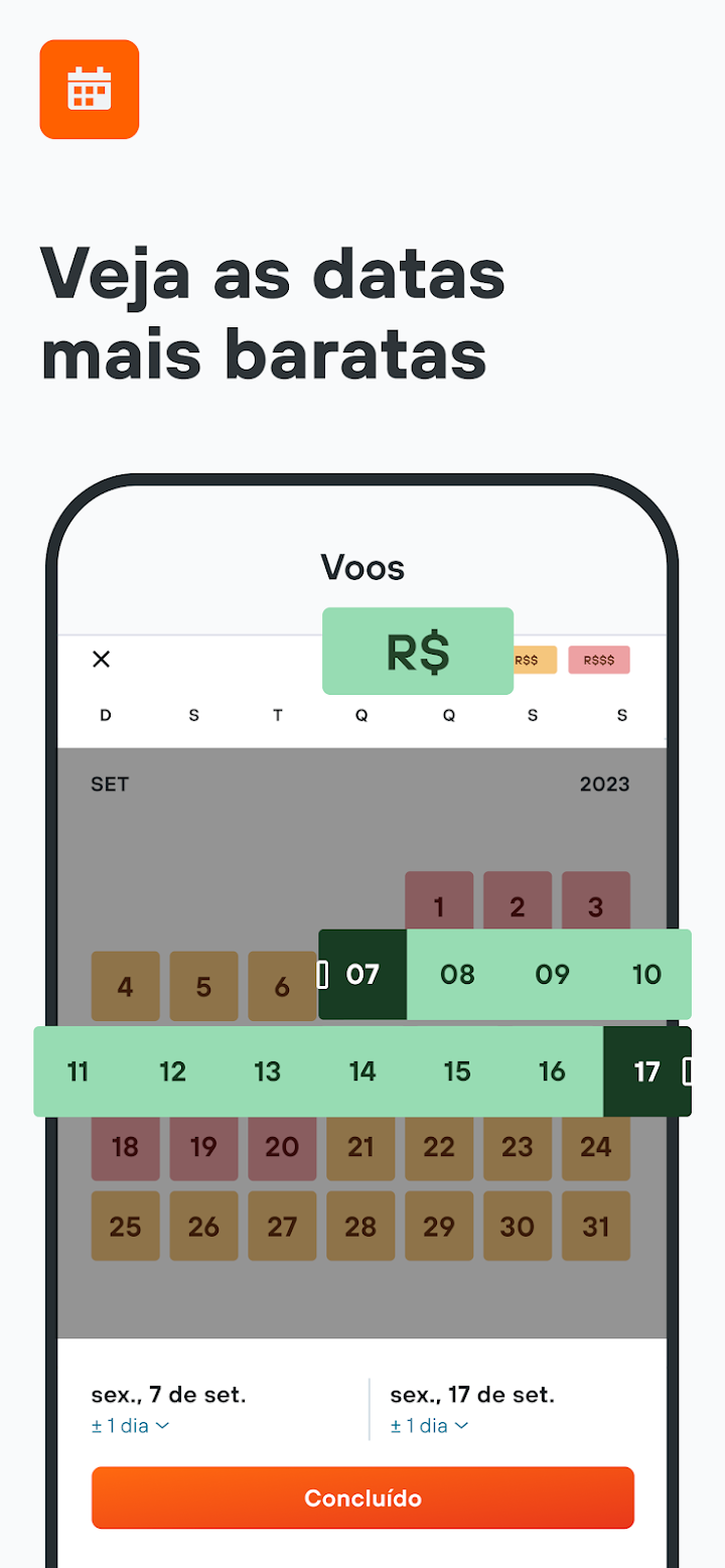 Calendário do KAYAK com as datas mais baratas