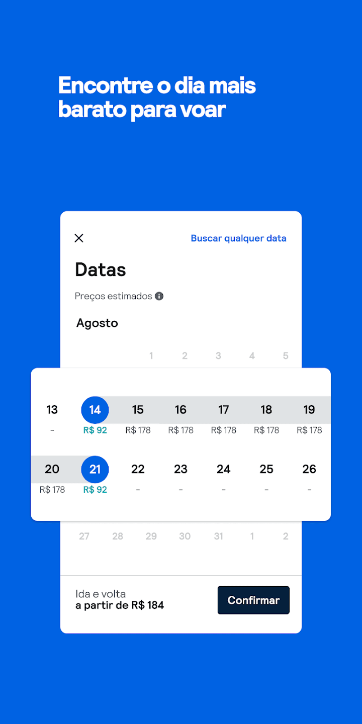 Calendário do Skyscanner com o preço de cada dia